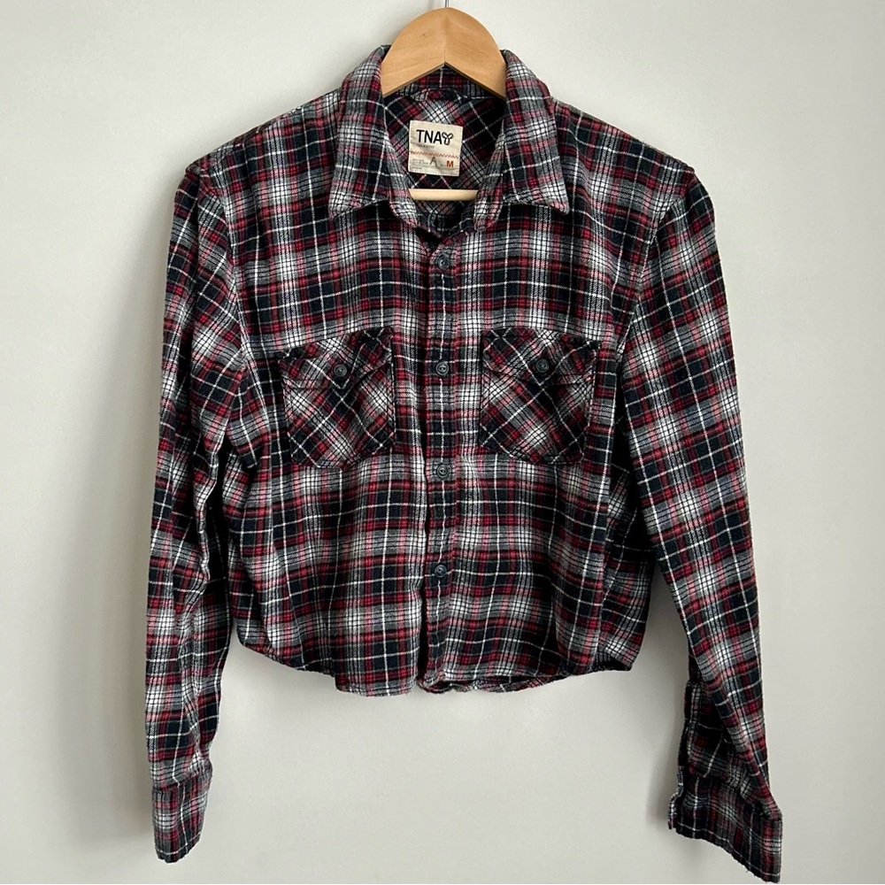 Aritzia TNA Cropped Red and Black Plaid Flannel Shirt